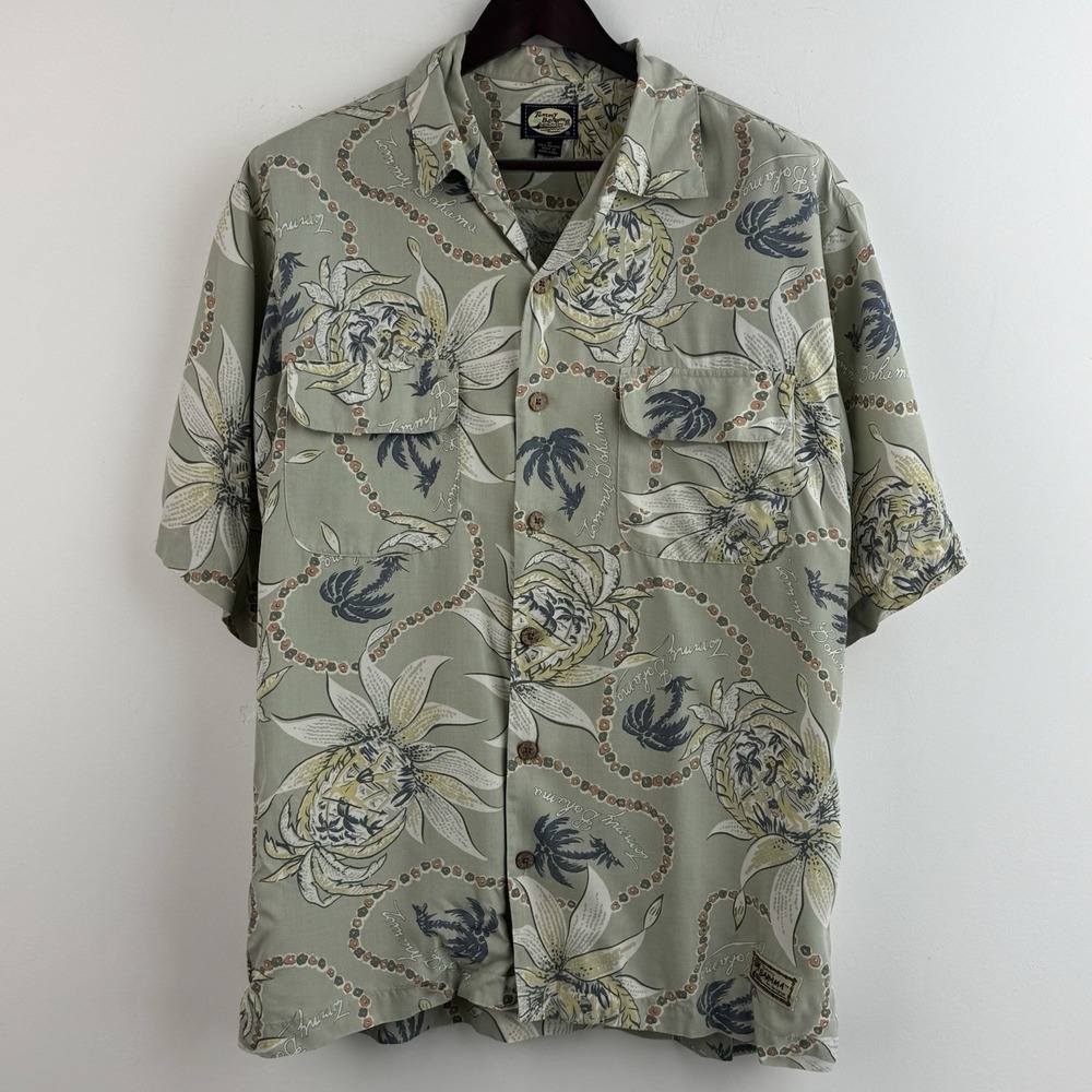 VTG Tommy Bahama Button Up Camp Shirt Mens M Sage Green Loop Collar Short Sleeve